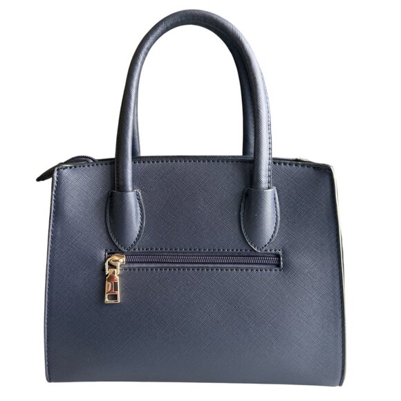 Small Navy Faux Leather Blue Handbag With Gold Accents & Double Handles Classy - Picture 2 of 9